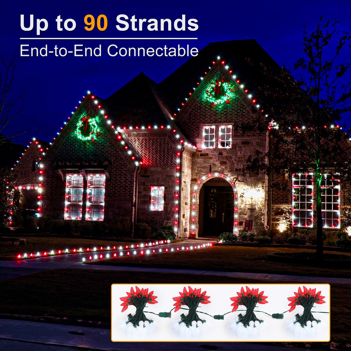ODEETRONIC C9 Christmas Lights - 33ft 50 LED Red & White Christmas Tree Lights Connectable, 120V UL Certified Plugin Indoor C9 String Light, Valentines Day String Light for Xmas Wedding Party Decor