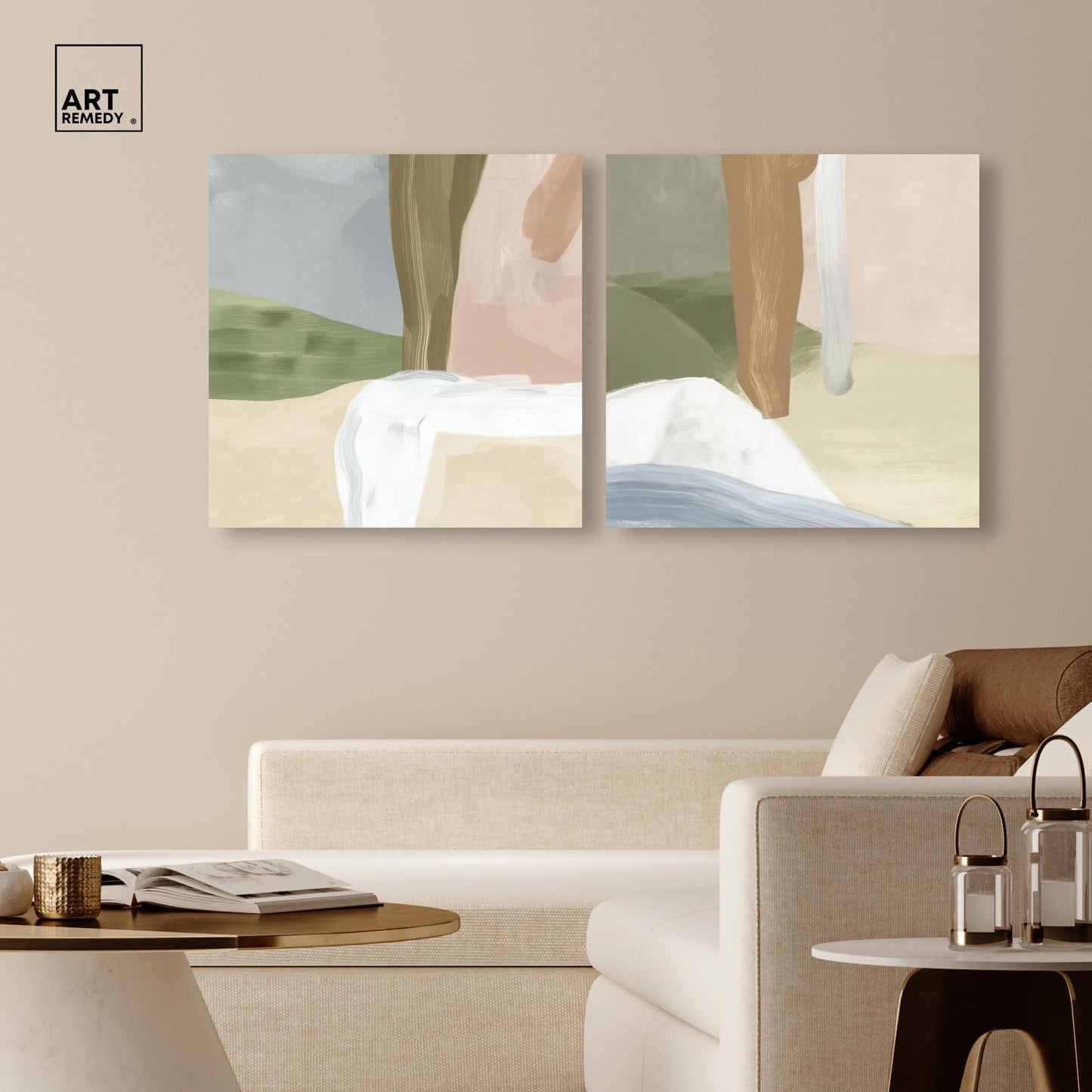 Mineral Duo Canvas Print Sage Wall Art Set by Art Remedy, Gallery Wrapped, 24 x 24