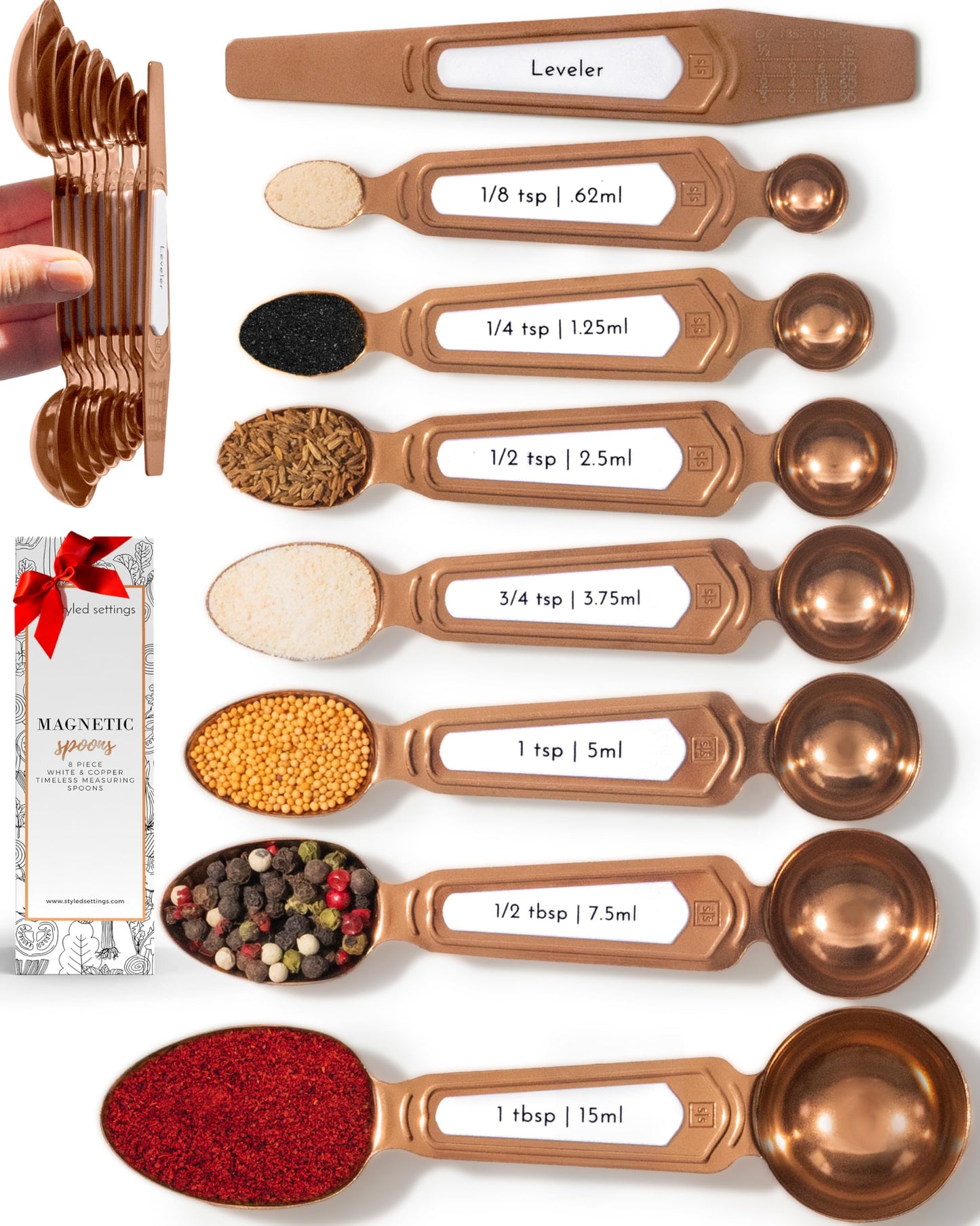 Copper Measuring Spoons Set with Leveler – 8-Piece Double-Sided Nesting Magnetic Measuring Spoons, Stackable & Spice Jar Friendly – Stylish Copper Kitchen Accessories and Decor for Baking and Cooking