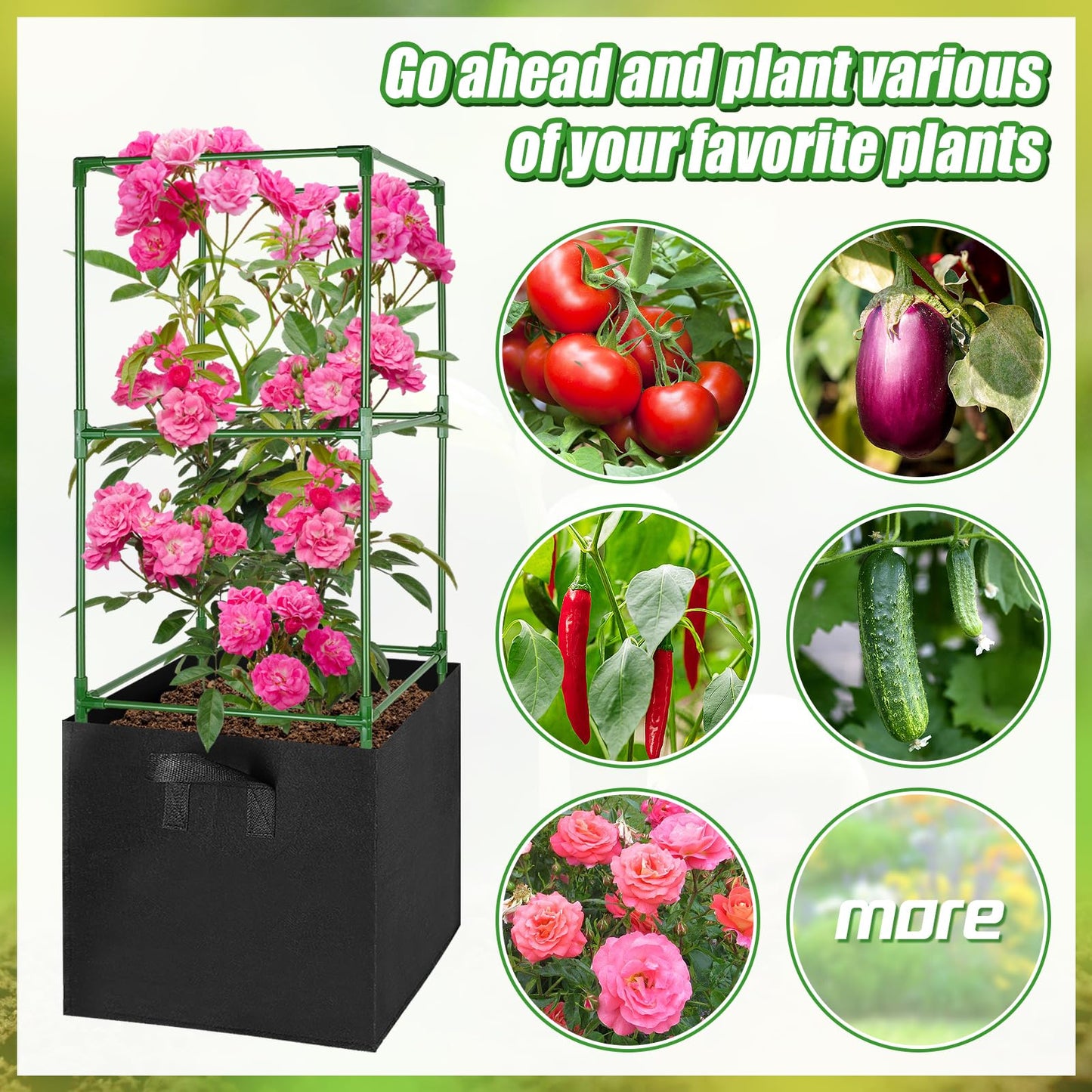 ANPHSIN Sturdy Square Tomato Cage with Movable 17 Gal Grow Bags - 3 Sets 46'' Plants Garden Trellis Planter, Support for Indoor Outdoor, Cucumber, Beans, Peppers, Eggplants, Climbing Vegetables