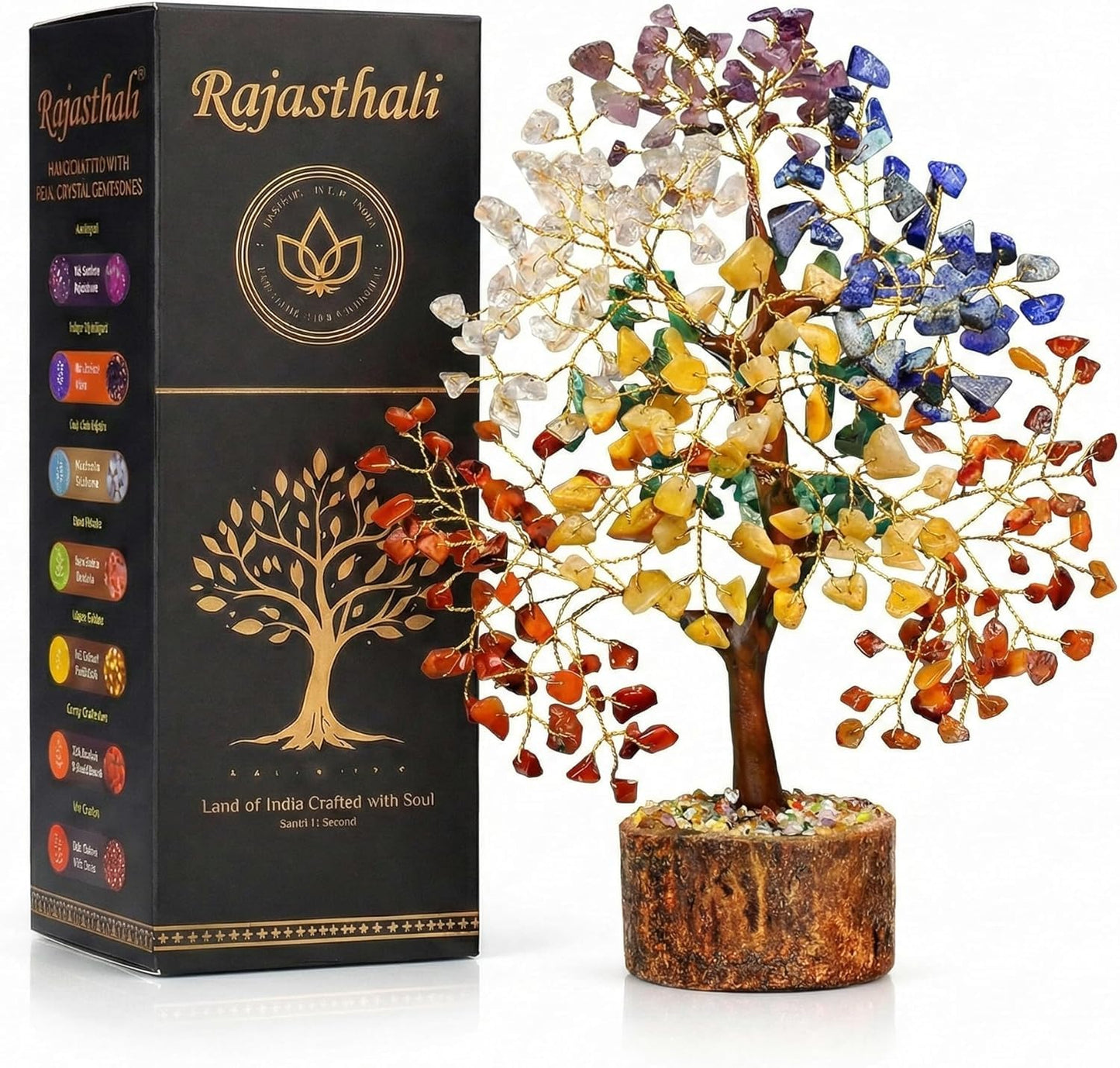 Rajasthali 7 Chakra Crystal Tree for Home Decor | Handcrafted Gemstone Bonsai Tree for Positive Energy, Vastu & Gifting | Wooden Base (Multi Seven Chakra)