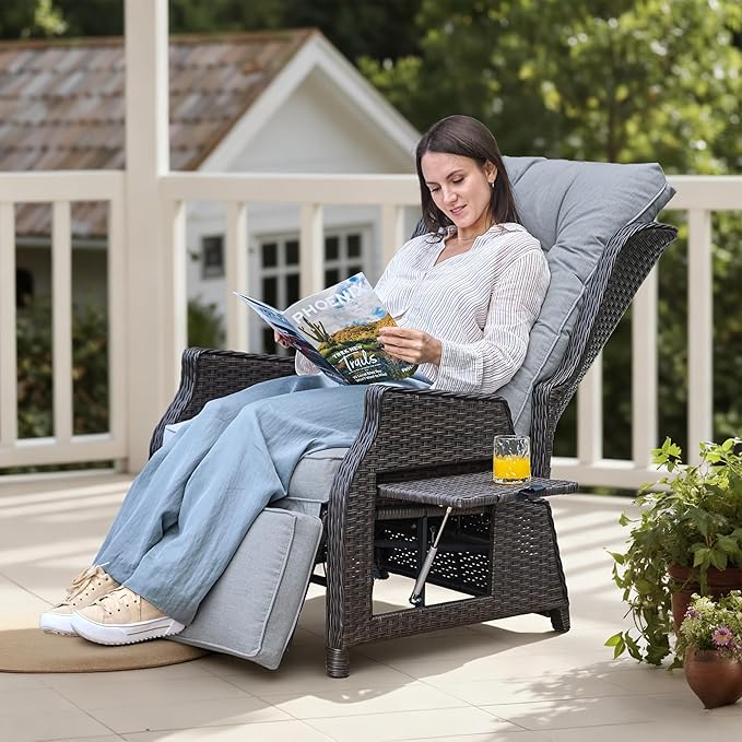 Outdoor Indoor Wicker Recliner with Adjustable Back and Footrest, Patio Reclining Chair with Flip-up Table, Outdoor Rattan Lounge Chair, Light Grey 2PCS