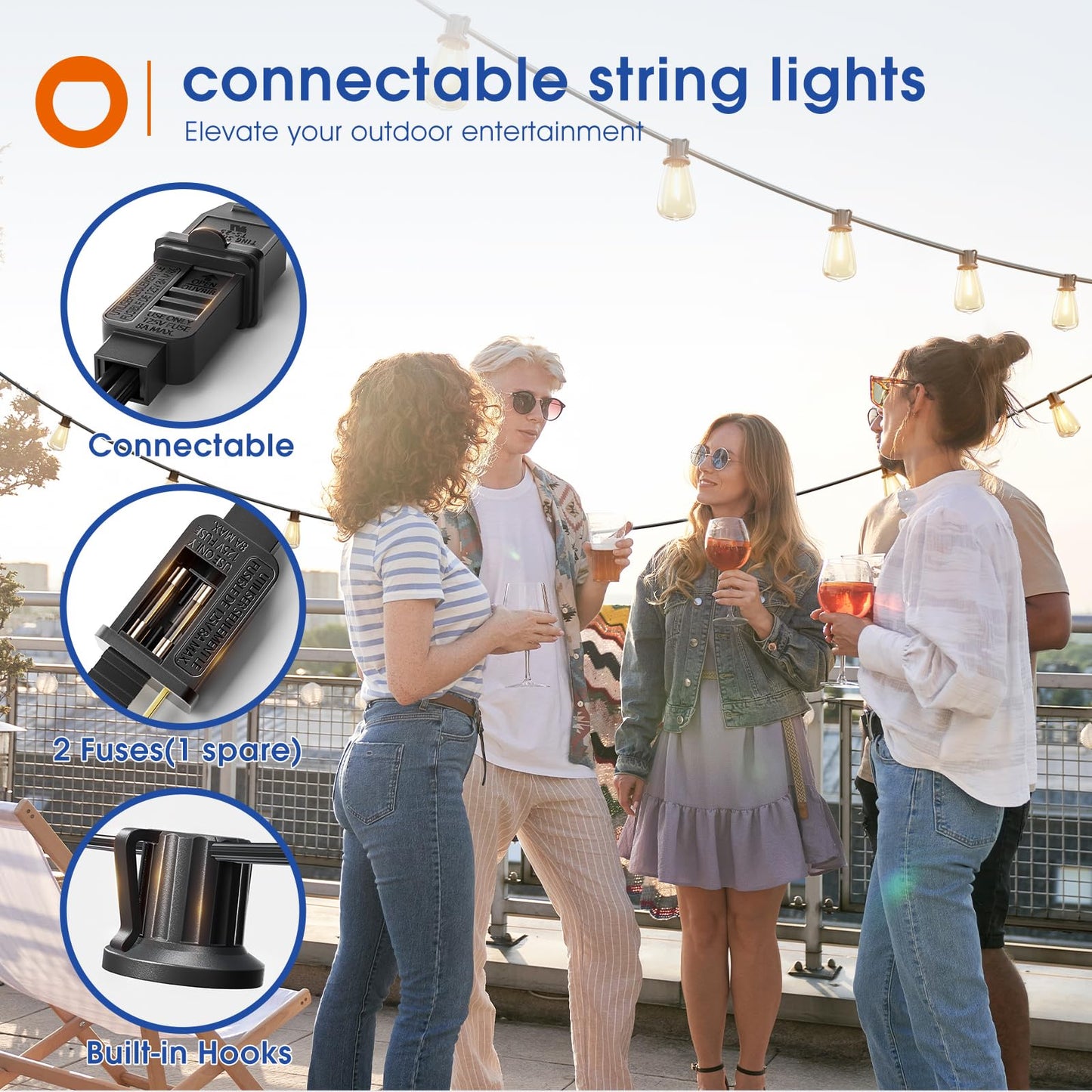 addlon 100FT(50FT*2) LED Outdoor String Lights Waterproof Patio Lights with Shatterproof ST38 Replaceable Bulbs, Dimmable Outside Hanging Light Connectable for Porch, Backyard, 2200K