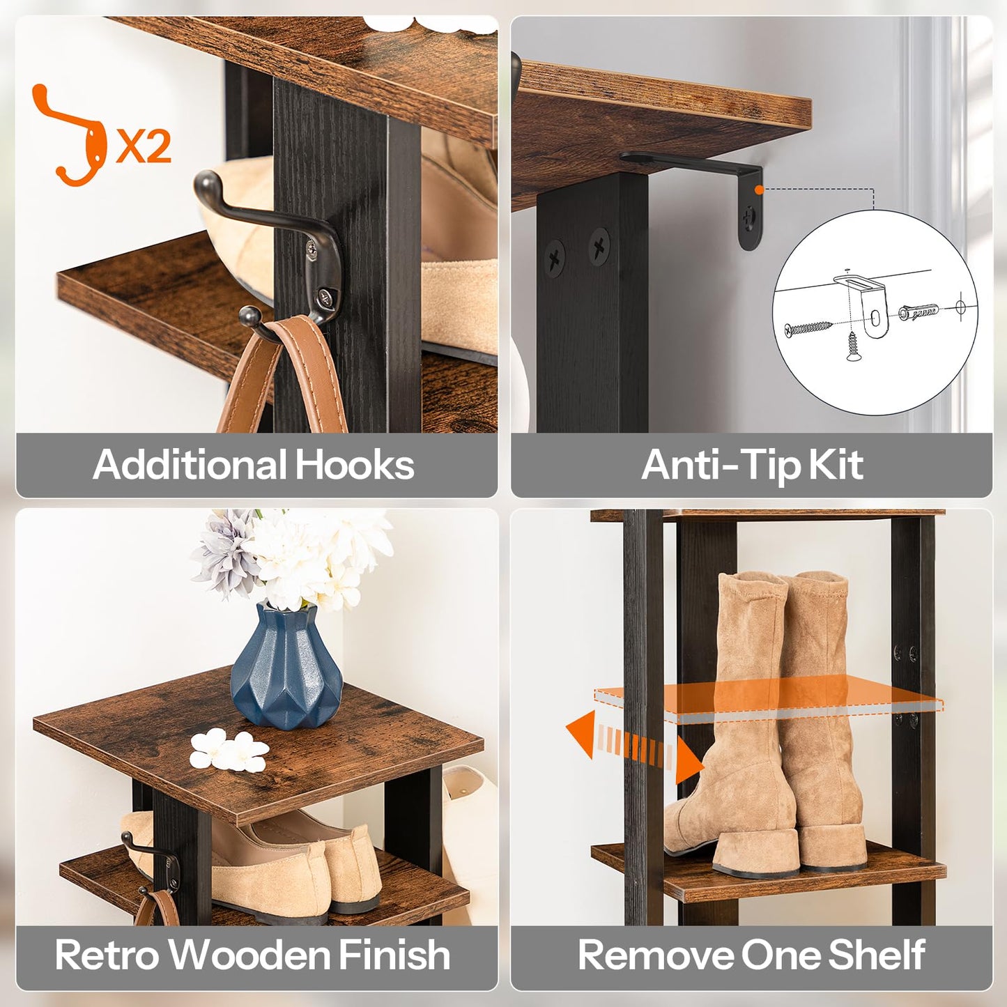 HOOBRO 8 Tiers Vertical Shoe Rack, Wooden Shoe Storage Organizer with Hooks, Narrow Shoe Tower for 8 Pairs, Space Saving, for Entryway, Living Room, Bedroom, Rustic Brown BF07XJ01G1
