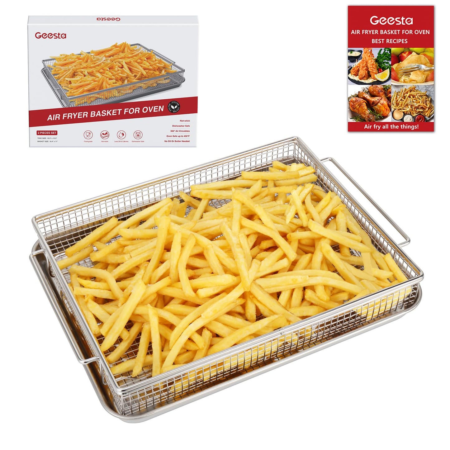Air Fryer Basket for Oven with 50 Recipes, Extra Large 2 Piece Nonstick Crisper Tray & Basket, Stainless Steel Air Fryer Accessories for Crispy Foods Healthy Cooking, Dishwasher Safe, 16.5” x 12.5”
