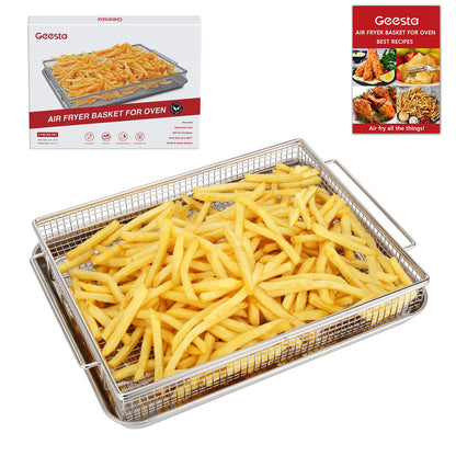 Air Fryer Basket for Oven with 50 Recipes, Extra Large 2 Piece Nonstick Crisper Tray & Basket, Stainless Steel Air Fryer Accessories for Crispy Foods Healthy Cooking, Dishwasher Safe, 16.5” x 12.5”