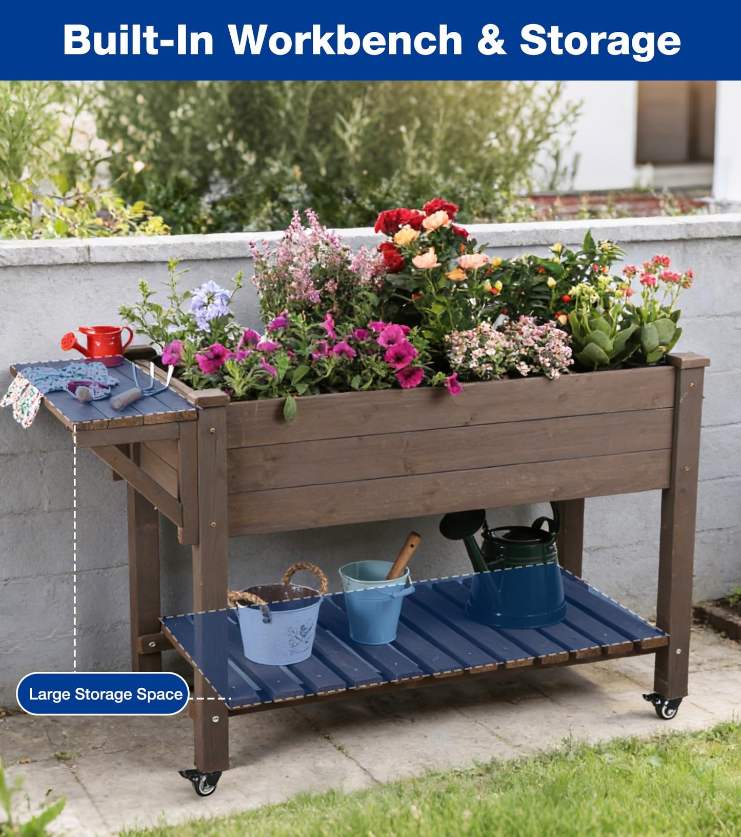 Joyqinchen Raised Garden Bed Outdoor with Wheels, 52.7" Elevated Wooden Garden Bed with 8 Planter Boxes, Removable Dividers, Storage Shelf, Standing Mobile Planter with Non-Woven Liner