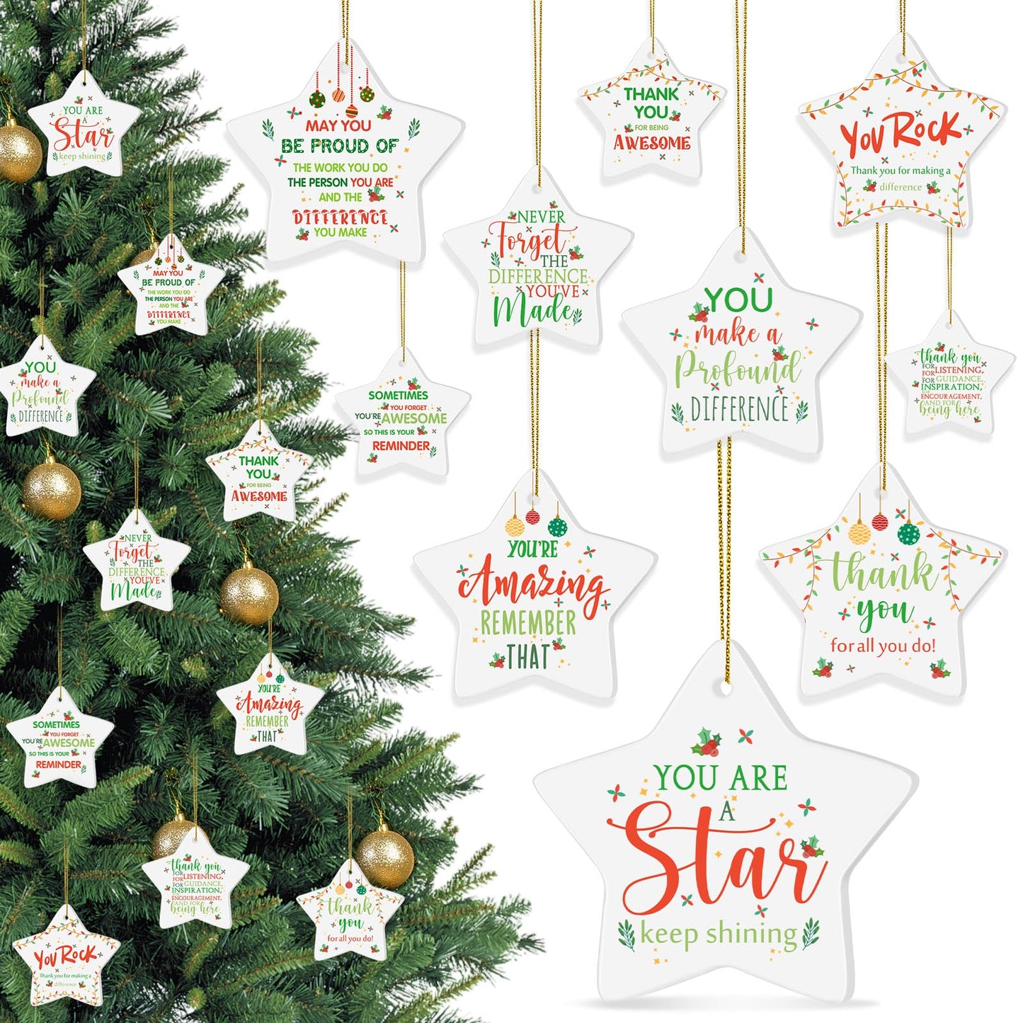 Tioncy 10 Pcs Christmas Thank You Ornament Gifts for Coworkers Employee Appreciation Gifts Thank You for Being Awesome Star Hanging Plaque for Teacher Friend Office Xmas Tree Decoration (Ceramic)