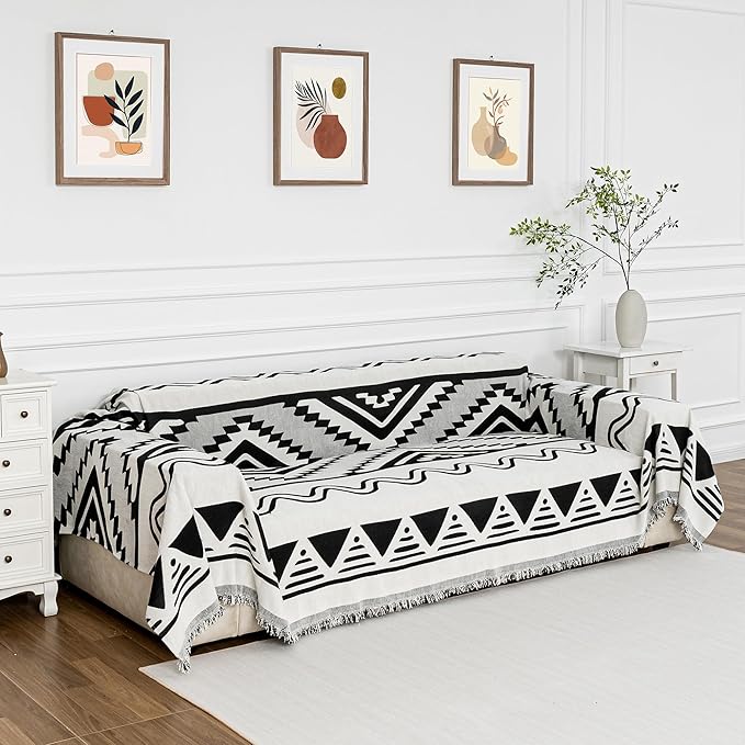 MYSKY HOME Boho Couch Cover for Dogs Washable Black Rhombic Couch Sofa