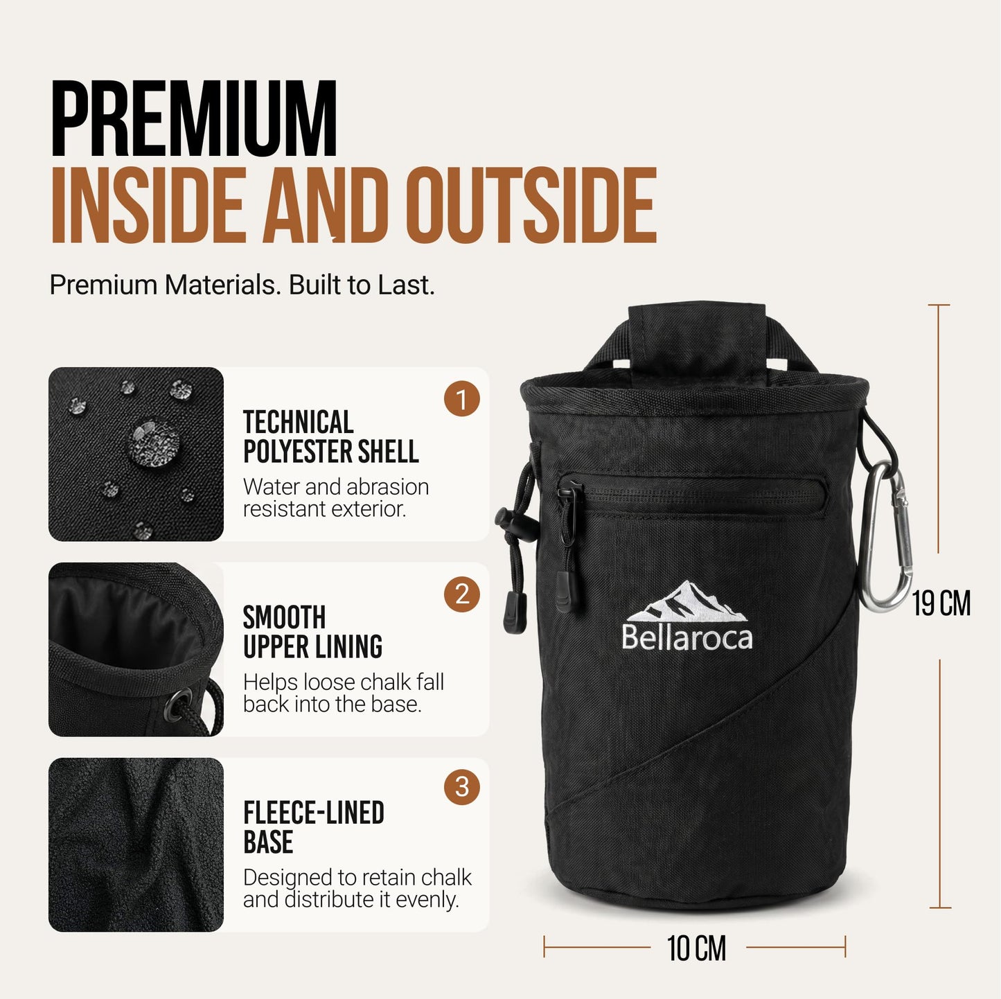 BELLAROCA® Climbing Chalk Bag with Waist Belt and Carabiner – Rigid Rim, Fleece Lining and Anti-Spill Drawstring Chalk Pouch for Rock Climbing and Bouldering