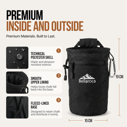 BELLAROCA® Climbing Chalk Bag with Waist Belt and Carabiner – Rigid Rim, Fleece Lining and Anti-Spill Drawstring Chalk Pouch for Rock Climbing and Bouldering