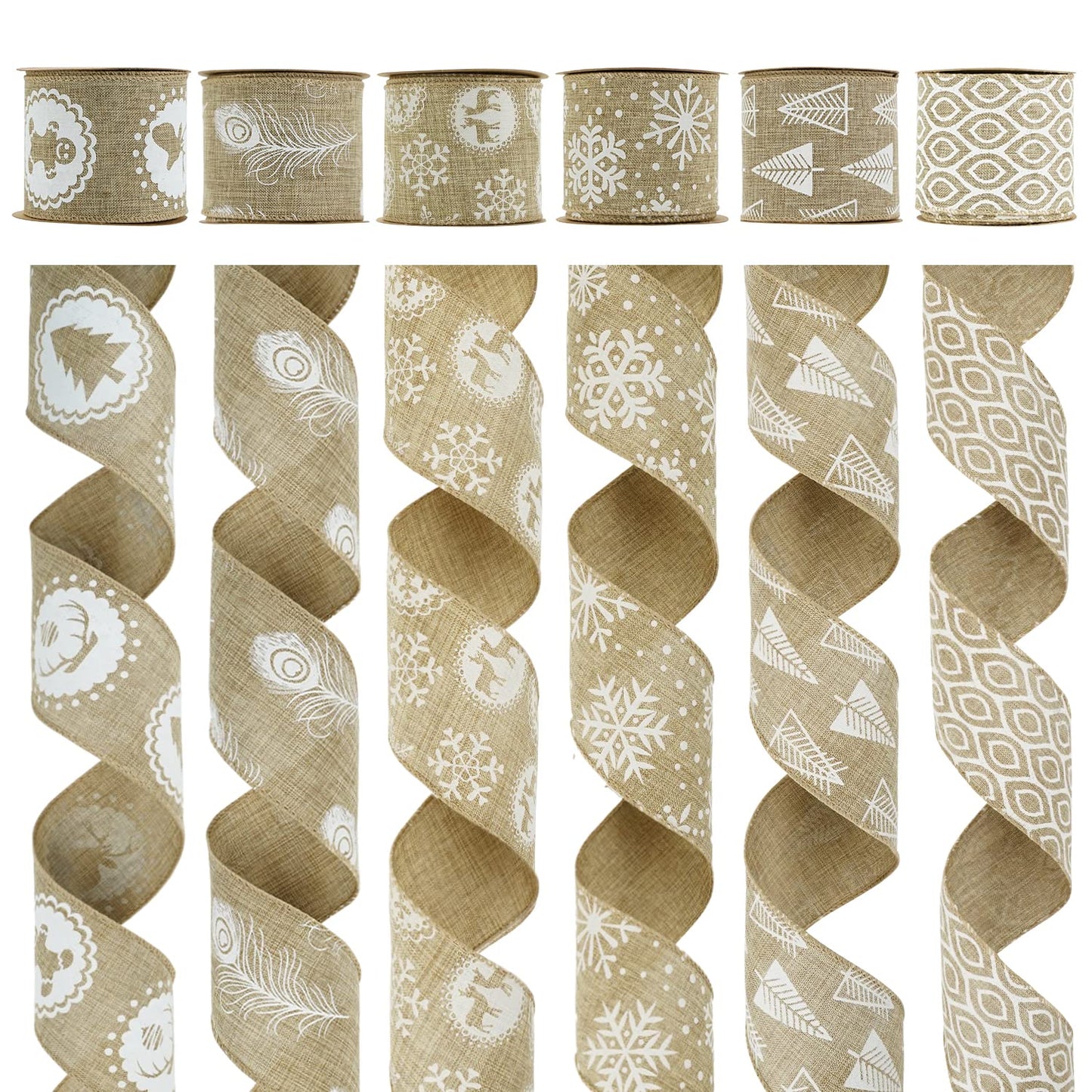 MEEDEE Burlap & White Print Ribbon - Wired Burlap Ribbon, 2.5 Inch, 6 Rolls, 36 Yards - Christmas Tree & Wreath Decorations