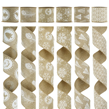 MEEDEE Burlap & White Print Ribbon - Wired Burlap Ribbon, 2.5 Inch, 6 Rolls, 36 Yards - Christmas Tree & Wreath Decorations