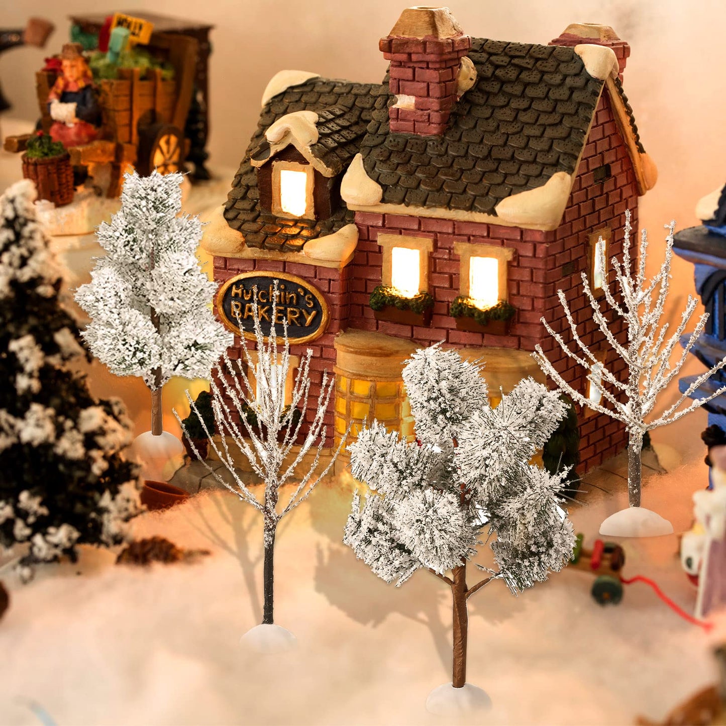 12 Pieces Christmas Village Trees Tabletop Mini Snow Model Frost Bottle Brush Trees Halloween Winter Tabletop Displays Miniature Village Christmas Decor Accessory Figurine(Vivid Style)