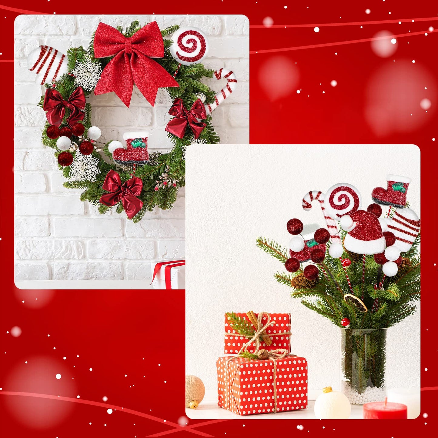 12 Pcs Christmas Candy Cane Ornaments Set Christmas Picks Glitter Lollipop Santa Hat Gloves Berries Boots Decoration with Red and White Stripes for Xmas Tree Wreath Party Supplies Vase Filler Crafts