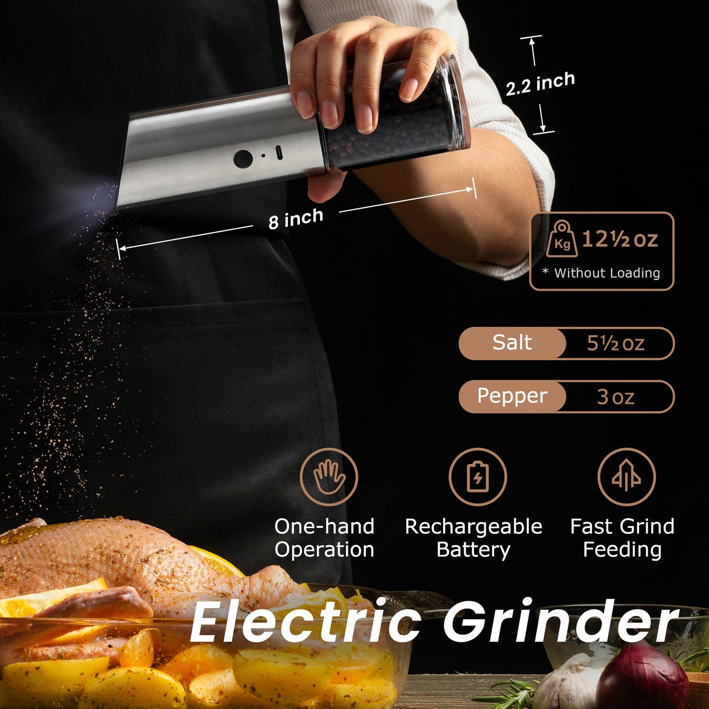 VEVOK CHEF Electric Salt and Pepper Grinder Set Rechargeable with LED Light Type-C Automatic Gravity Stainless Steel Pepper Mill Spice Grinder Adjustable Coarseness