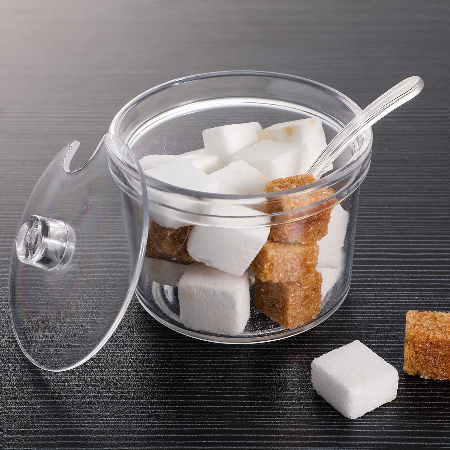 Patelai 4 Pieces Sugar Bowl Acrylic Clear Sugar Bowl with Lid and Salt Spoon Storage Jar with Airtight Lid for Salt, Tea, Spices, Herbs, Condiments(7.1 oz)