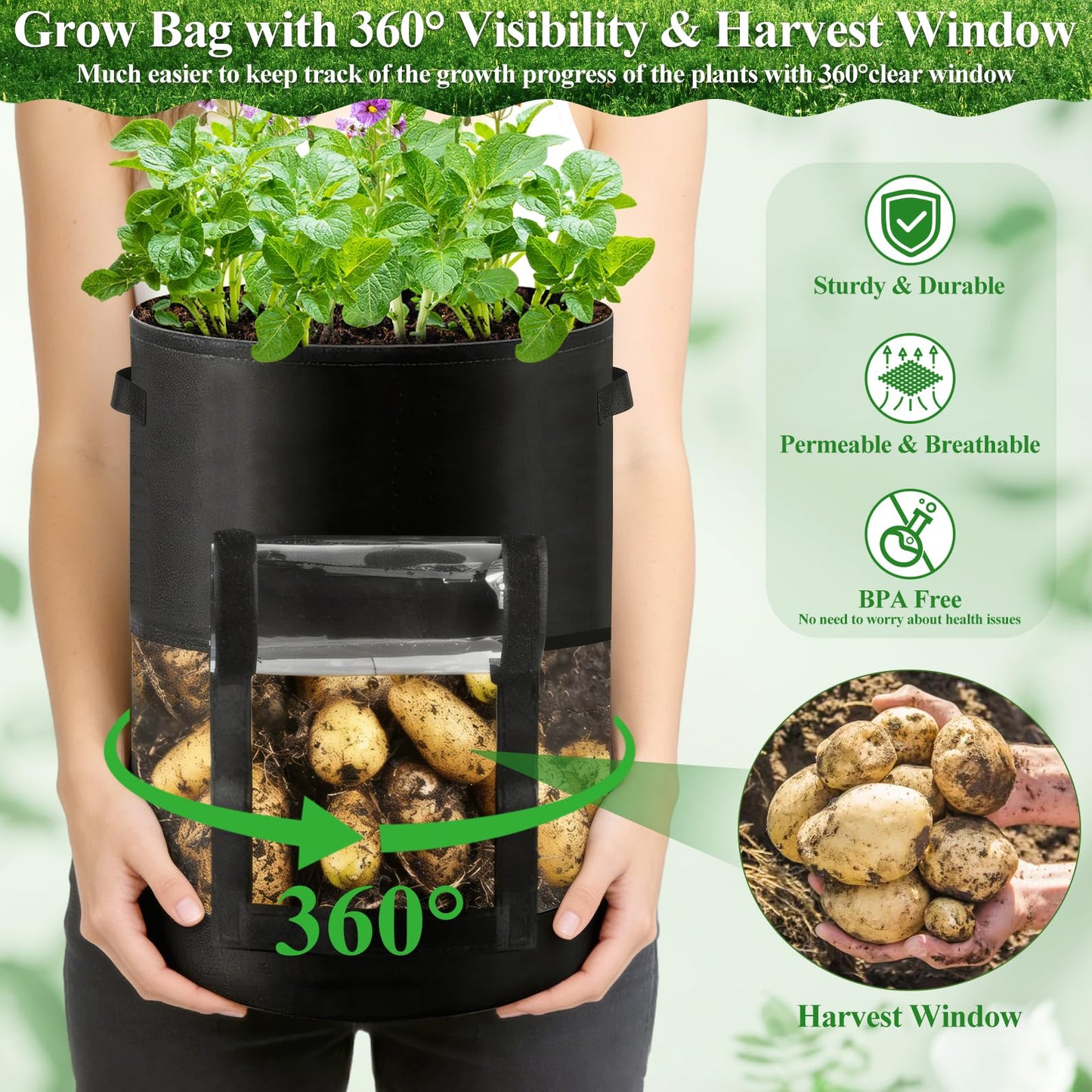 4 Pack 10 Gallon Potato Grow Bags with 360°Visible Window, Heavy Duty Thickened Nonwoven Fabric Plant Grow Bag with Sunshade Cloth, Reusable Garden Grow Bags for Potatoes, Vegetables, Flowers