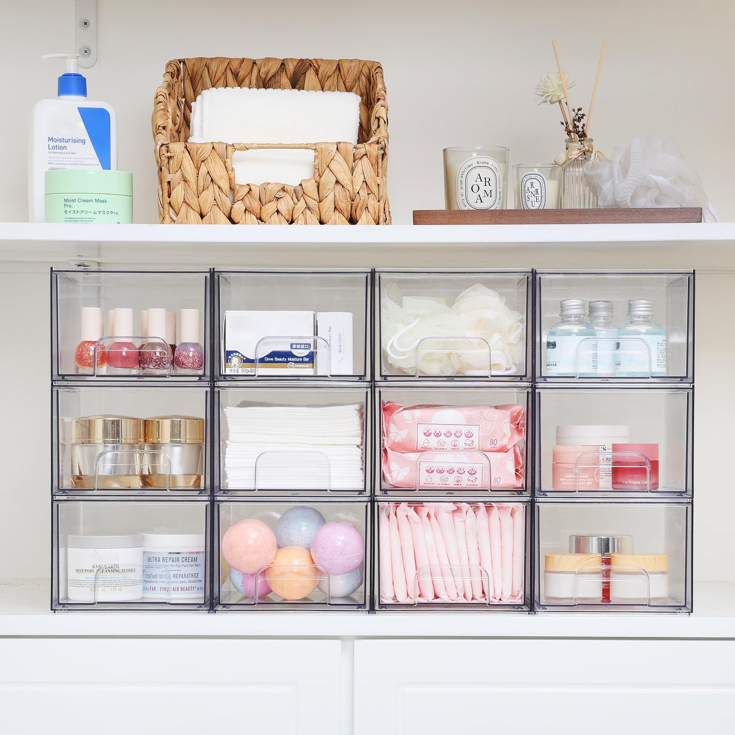 Vtopmart 4 Pack Small Clear Stackable Storage Drawers,Acrylic Bathroom Makeup Organizer,Plastic Storage Bins For Vanity, Undersink, Kitchen Cabinets, Pantry, Home Organization