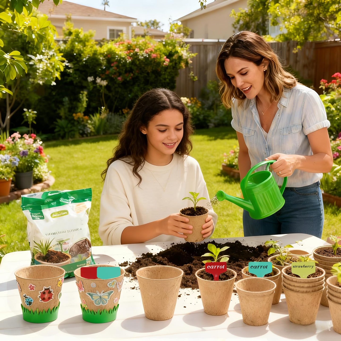 NNG 20 Set Garden Paper Pot Craft Kit,20Pcs Round Paper Mache Pots Peat Plant Pots with 200pcs Adhesive Foam Stickers & 20Pcs Pots Labels,Flower Plant Spring Craft for DIY Flower Planting
