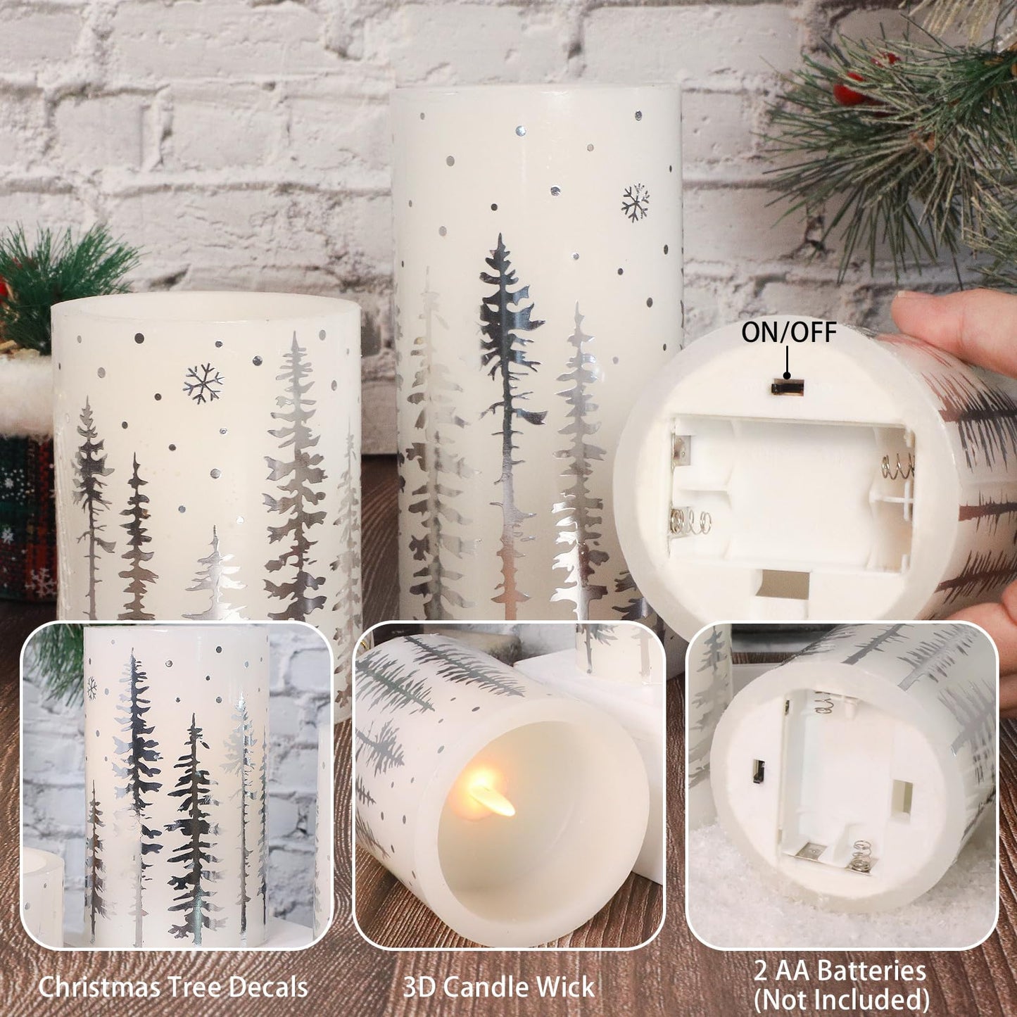 Crystal Club Christmas Flameless Candles, Holiday LED Candles Battery Operated with Remote and Timer, Realistic Flickering Candles with Silver Xmas Tree Decal for Festival & Home Party Decor