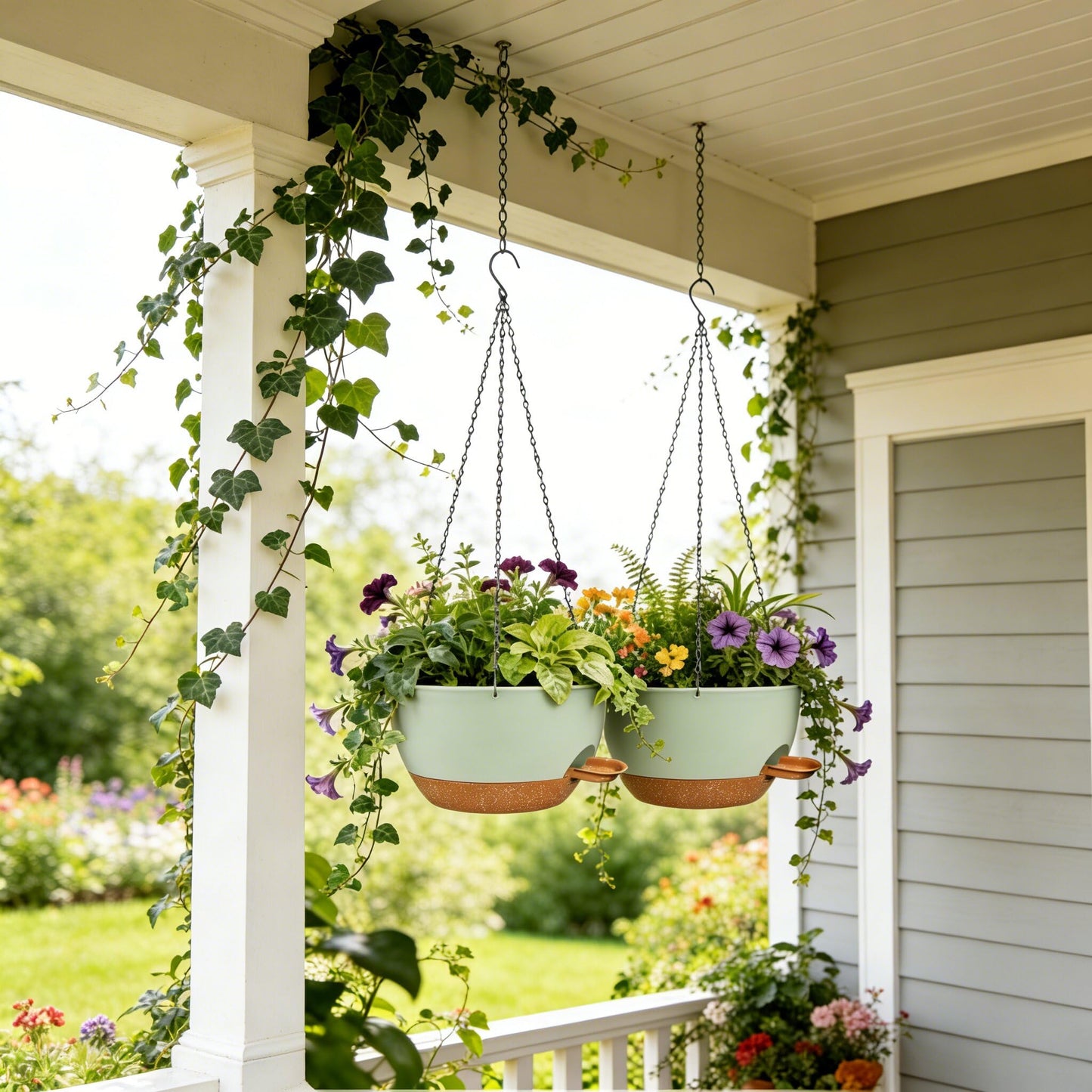 CNLBO 12 Inch Self Watering Hanging Planters 2 Pack, Indoor Outdoor Hanging Pots for Plants with Drainage Holes & Saucers, Green Brown Plastic Hanging Baskets for Kitchen Balcony Garden