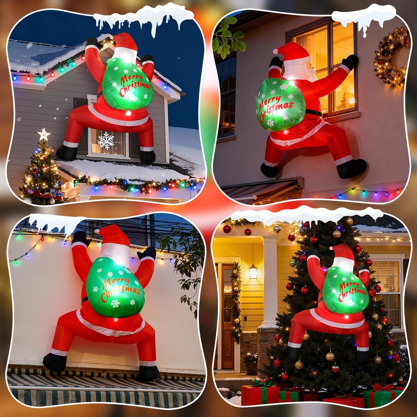 6FT Christmas Inflatable Outdoor Decorations Hanging Santa Built-in Bright LEDs, Blow Up Climbing Santa Claus with Gifts Bag, Giant Christmas Decor for Window Wall Outdoor Xmas Holiday Party Lawn