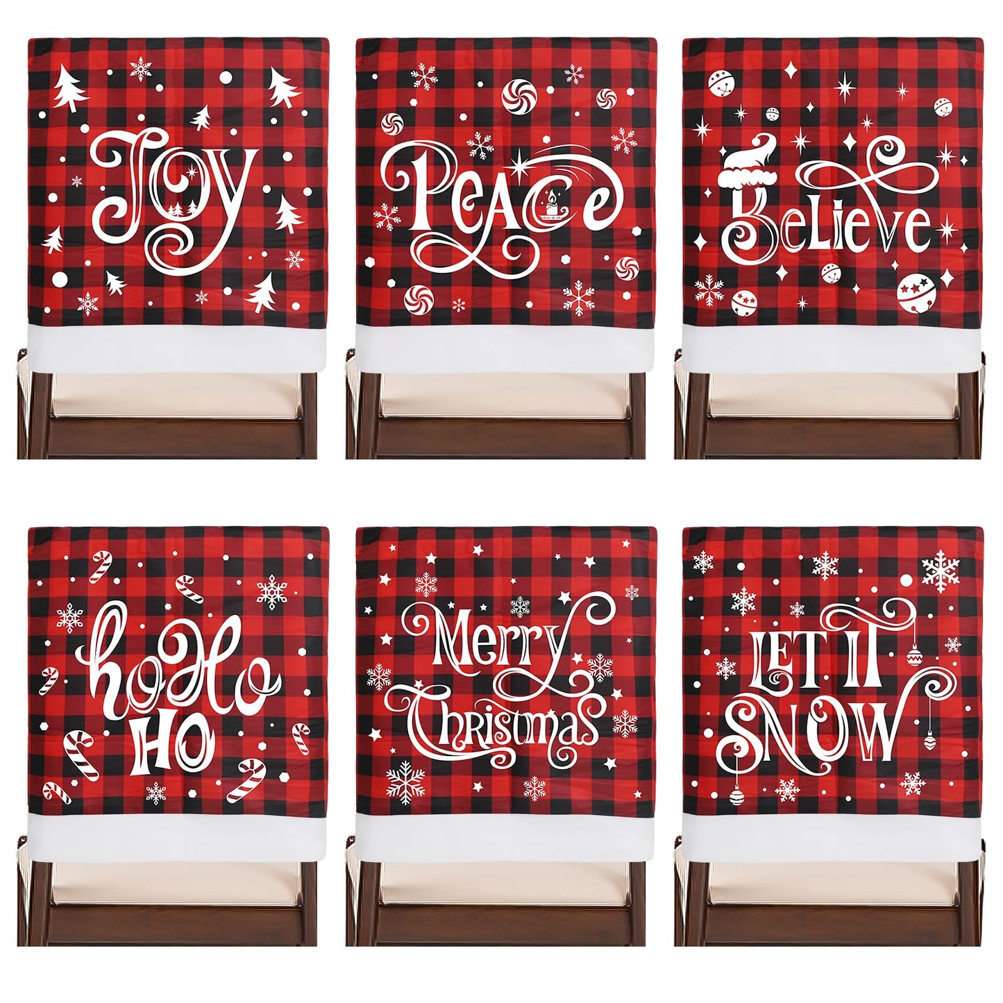 CCINEE 6pcs Christmas Chair Back Covers, Red and Black Buffalo Plaid Chair Slipcovers with Snowflake Xmas Chair Back Cover for Dining Room Kitchen Wedding Hotel Xmas Party Table Decor