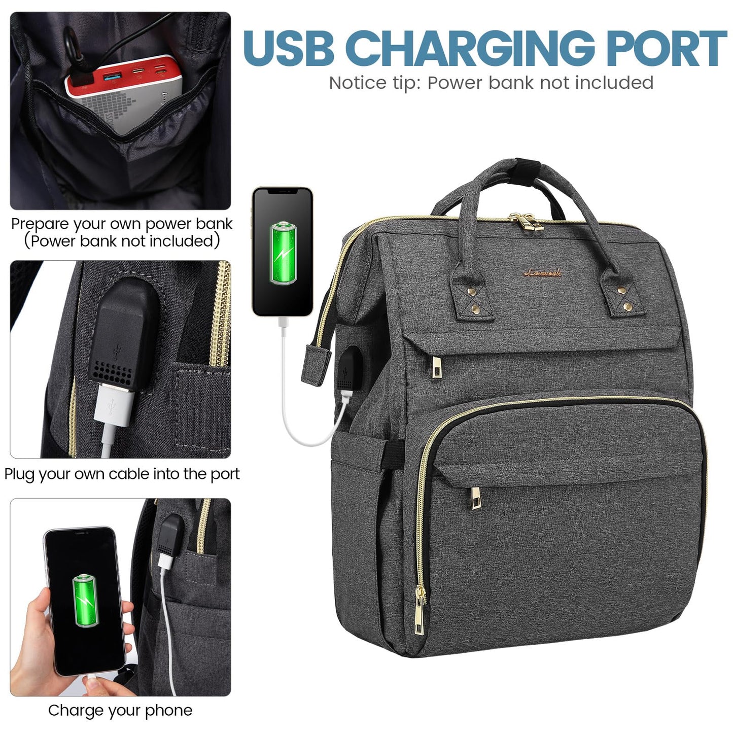 LOVEVOOK Laptop Bags for Women 15.6 Inch Rucksack Womens Waterproof School Backpack Fashion with USB Charging Port for Work College, Dark Gray