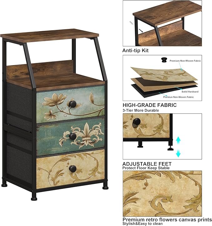 Tohomeor Dresser with Fabric Drawers Nightstand with 2 Tier Shelf Storage Tower