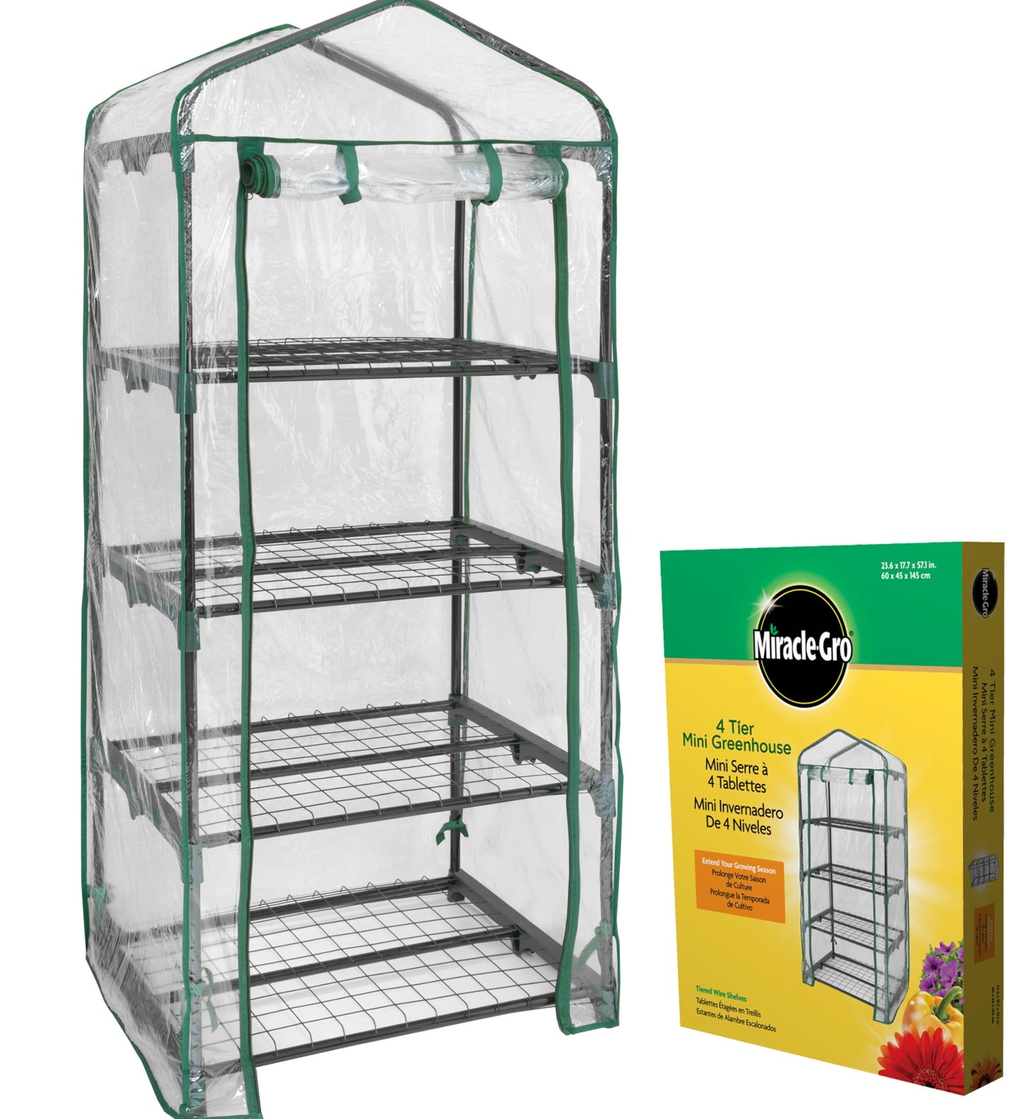 Miracle-Gro 23" x 17" x 57" 4-Tier Indoor/Outdoor Mini Greenhouse Plant Tent, All-Season Compact Plant Growth Accelerator with PVC Cover and Roll-Up Zipper Door, Clear