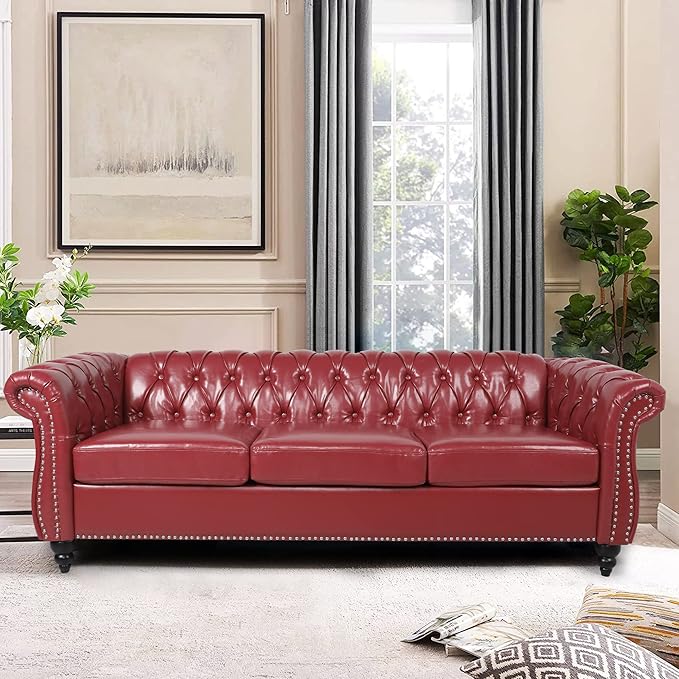 LEVNARY Chesterfield Sofa, Classic Tufted Upholstered Leather Couch, Modern 3