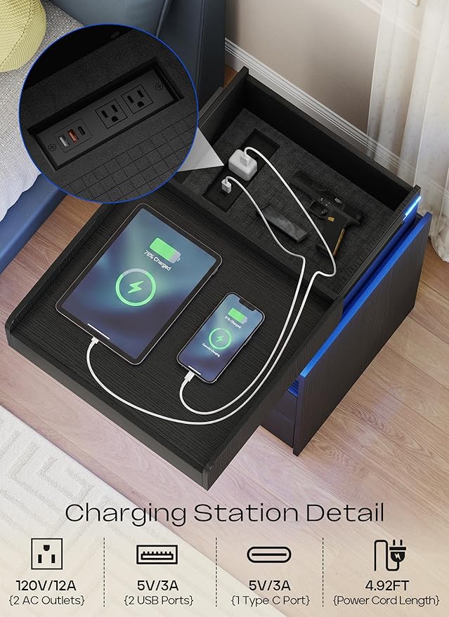 Turosur LED Night Stand with Gun Drawer, Smart Nightstand with Hidden Charging