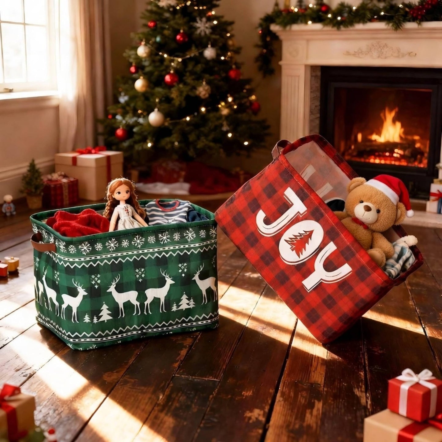 Capoda 2 Pack Christmas Storage Bin Large Collapsible Christmas Storage Baskets with Handles Canvas Green Red Plaid Organizer for Xmas Holiday Office Home Clothes Gifts Book Organization (Plaid)