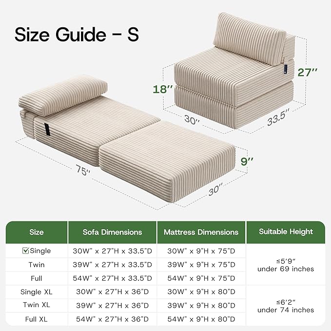 Convertible 4-in-1 Folding Sofa Bed Pocket Coils+Foam Fill Medium Support