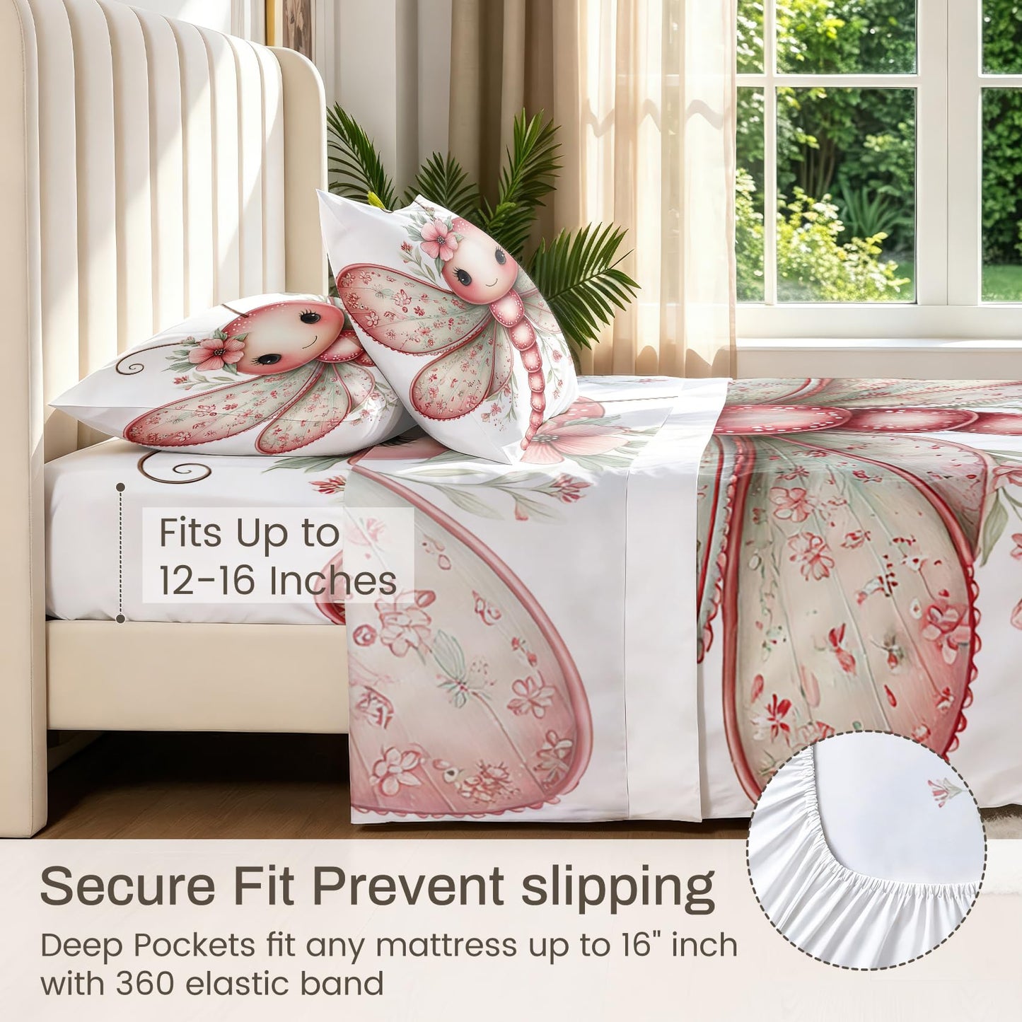 Cute Dragonfly Queen Bedding Set Girls Kawaii Sheet Sets