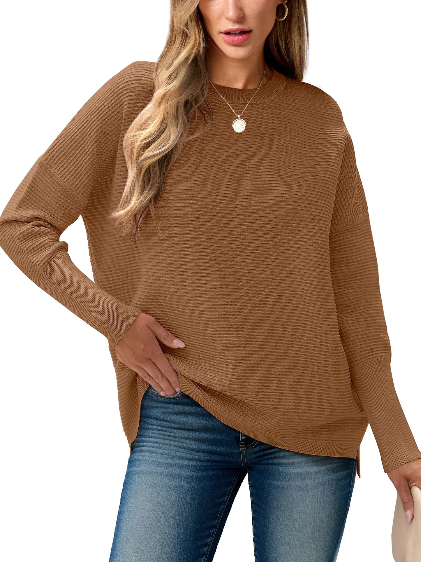 ANRABESS Womens Oversized Batwing Long Sleeve Ribbed Knit Sweaters 2025 Fall Outfits