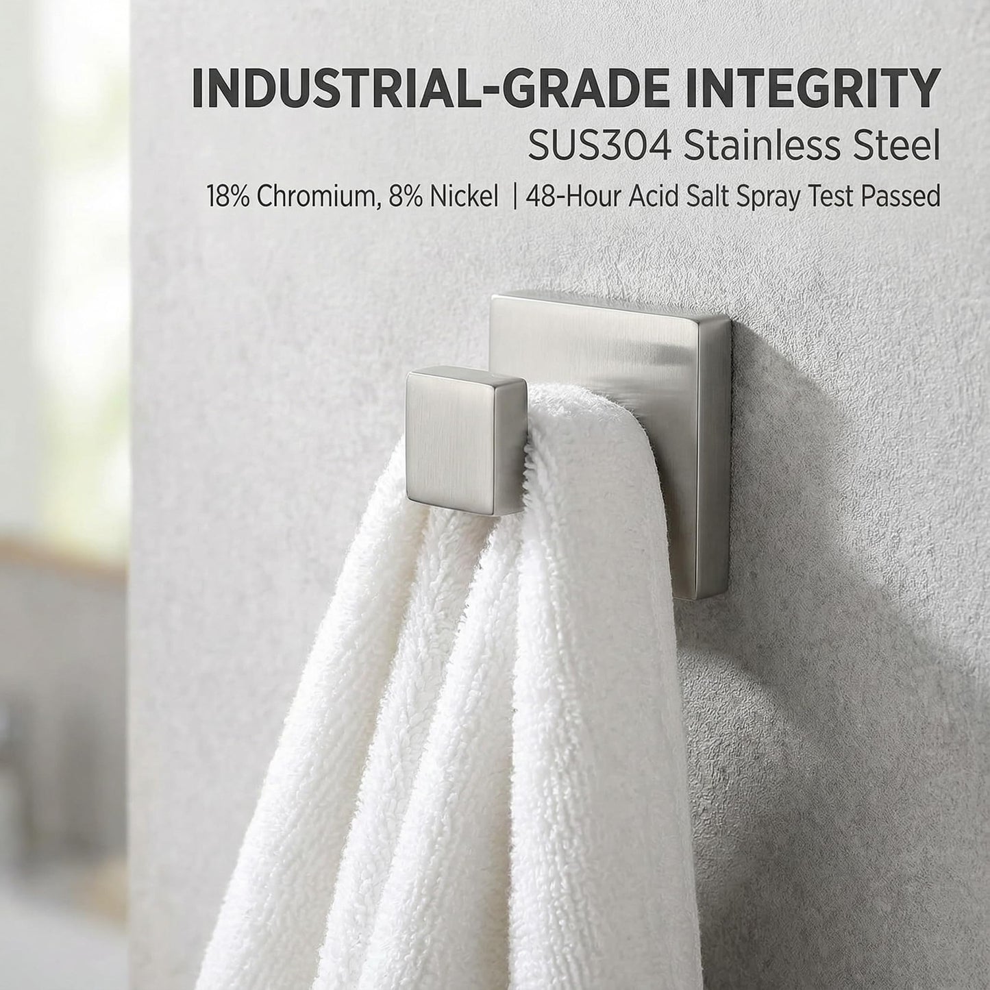 Hiuqixe Towel Hooks for Bathroom 4 Pack, Heavy Duty SUS304 Stainless Steel Robe Hook Wall Mounted, Square Coat Hook Set of 4 for Kitchen Bedroom Hotel Entryway, Brushed Nickel