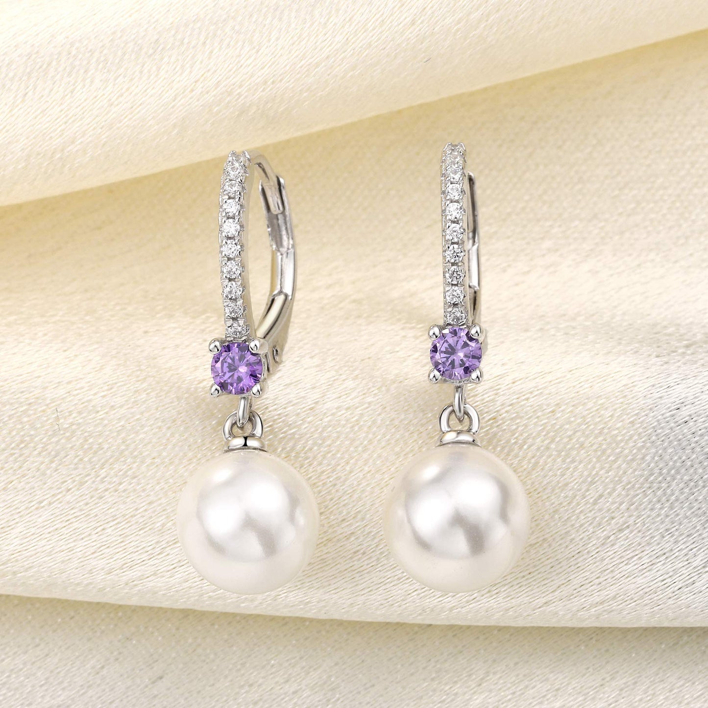 JO WISDOM Pearl Earrings,925 Sterling Silver 3A CZ February Birthstone Amethyst Color 8mm Pearl Leverback Drop Earrings,Jewelry for Women