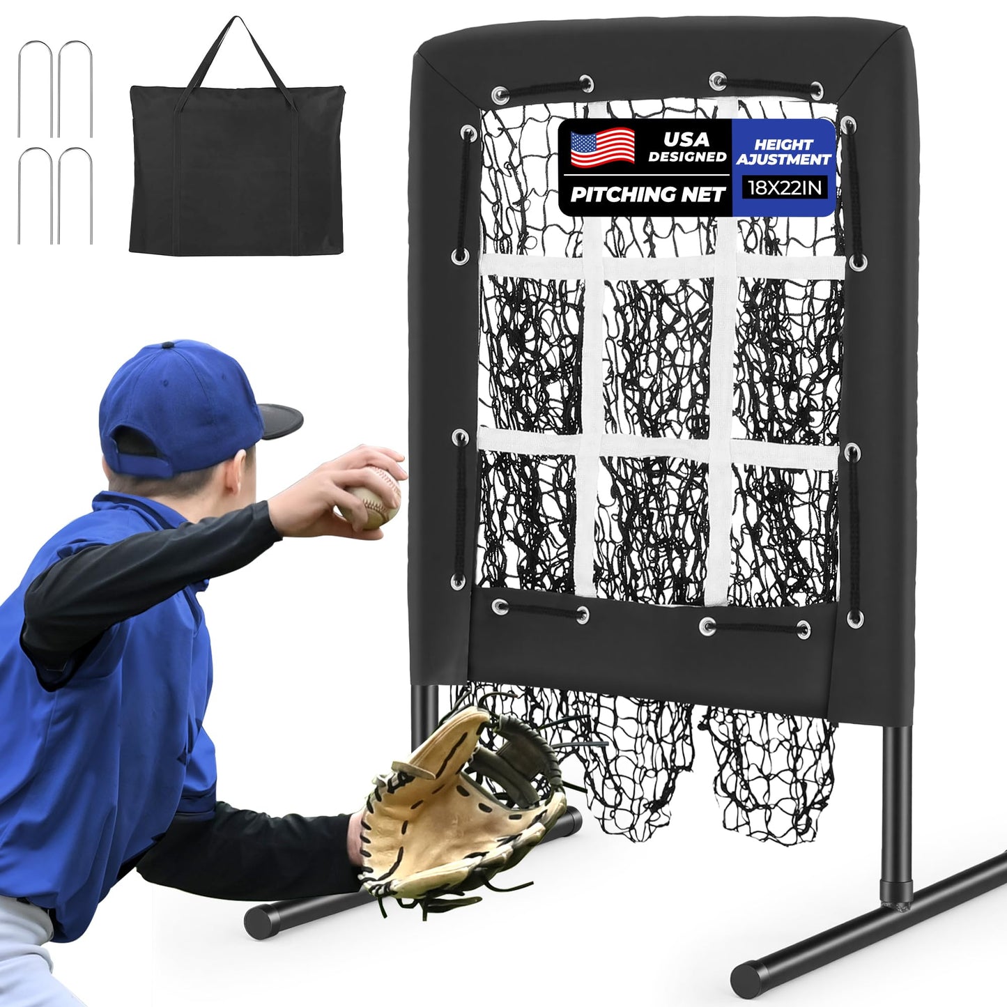 Sturdum 9 Hole Pitching Net, Portable Baseball Softball Nine Pocket Pitching Target with Strike Zone, Height Adjustable Pitcher Training Equipment with Carry Bag, 4 Ground Stakes