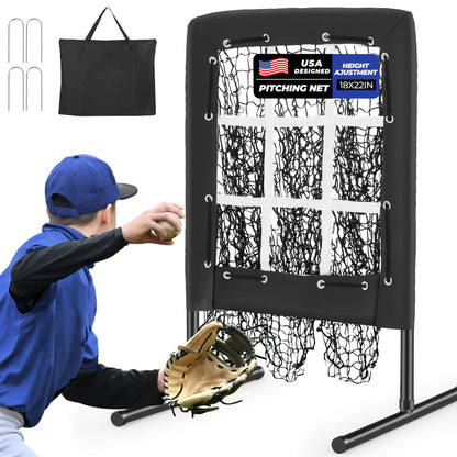 Sturdum 9 Hole Pitching Net, Portable Baseball Softball Nine Pocket Pitching Target with Strike Zone, Height Adjustable Pitcher Training Equipment with Carry Bag, 4 Ground Stakes