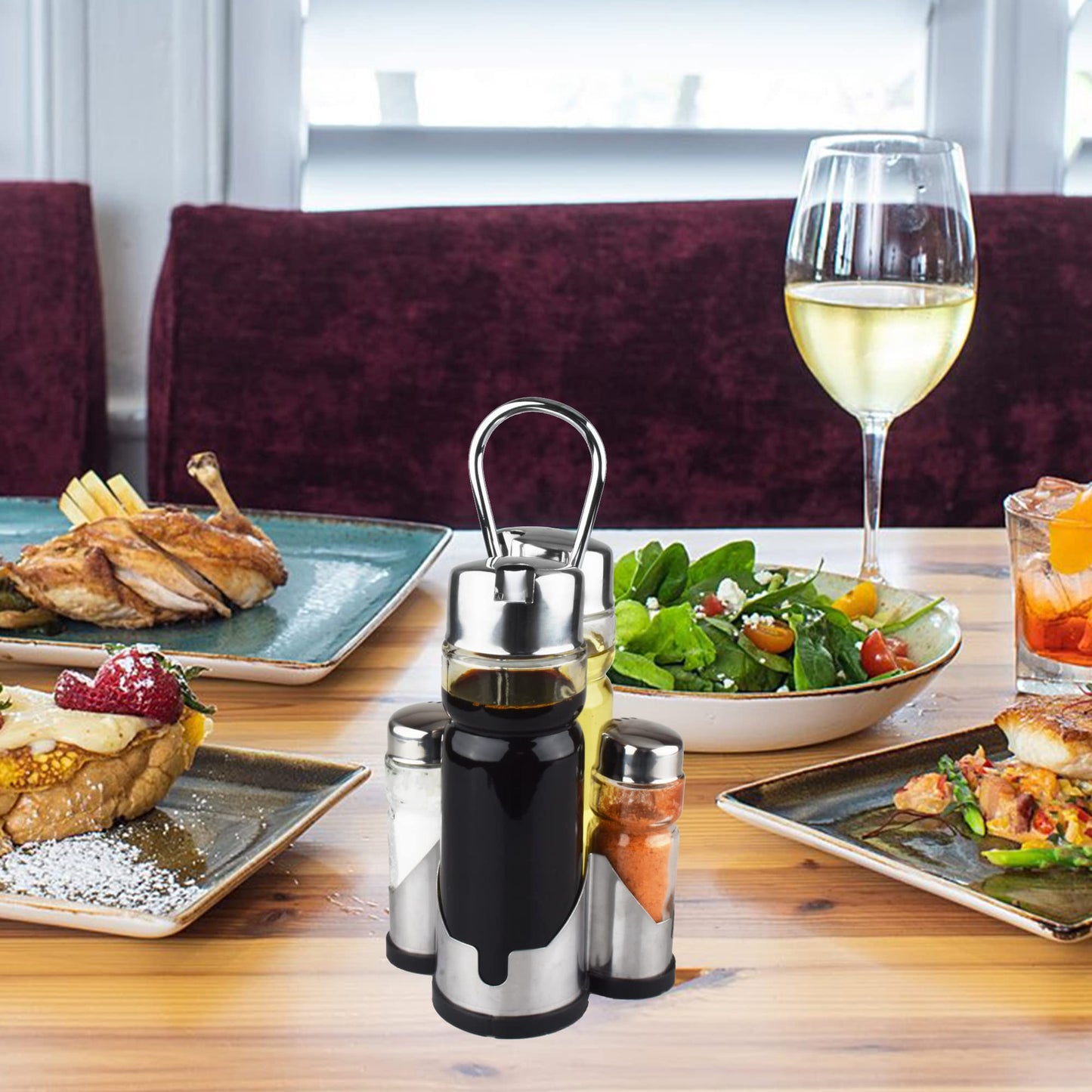 Salt and Pepper shakers, Oil and Vinegar Dispenser Set with Stainless Steel Holder (Salt & Pepper + Oil & Vinegar)