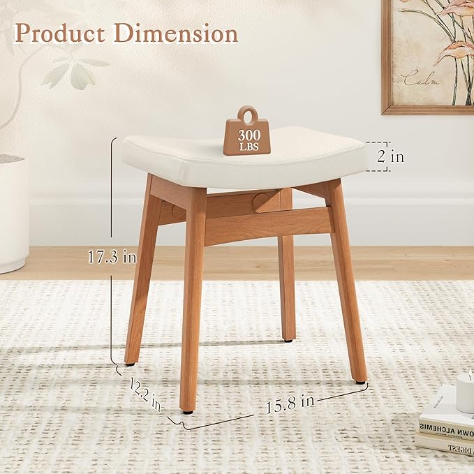 LUE BONA Solid Wood Vanity Bench Stool, 17.3" H Ergonomic Saddle Stool