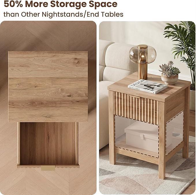 Fluted Night Stand with Golden Handle, Mid-Century Nightstands with Drawer