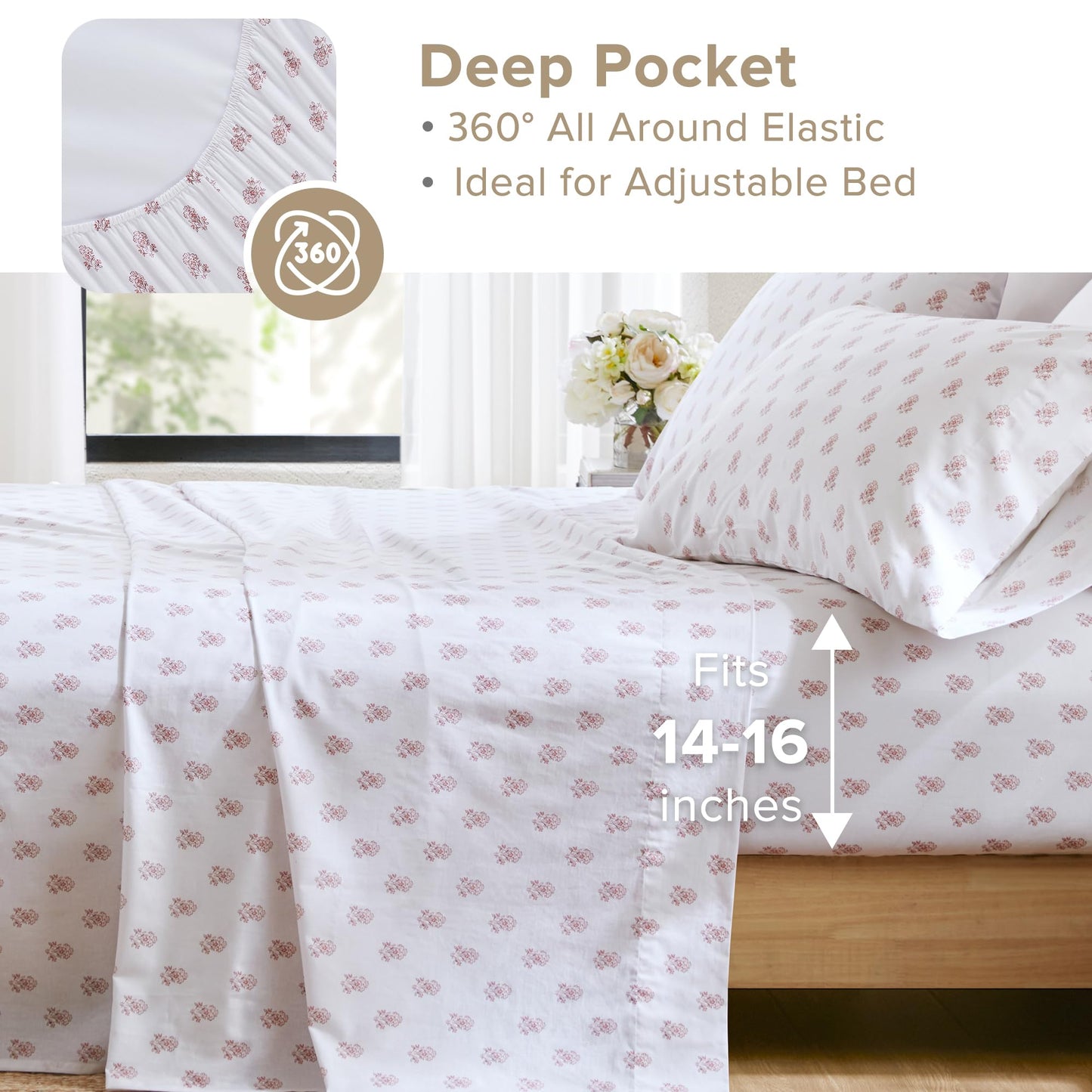 Comfort Spaces 100% Cotton Sheets King, Breathable, Naturally Cool Cotton Sheets, Soft Cotton Bed Sheets with 14" Elastic Pocket Fits up to 16" Mattress, All Seasons Sheet Set, Floral Pink 4 Piece
