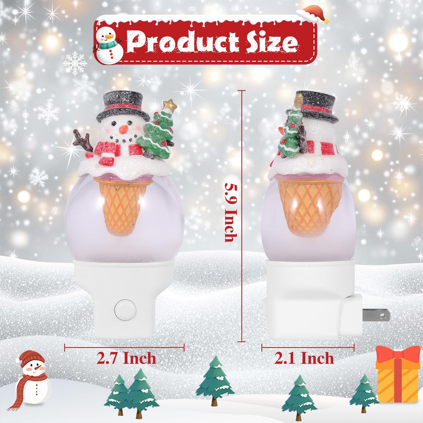 Christmas Night Light Plug into Wall Glitter Water Nightlight with USB/Outlet Options, Christmas Snowman Ice Cream Decorative Nightlight for Bedroom Holiday Decorations Gifts (Snowman Ice Cream)