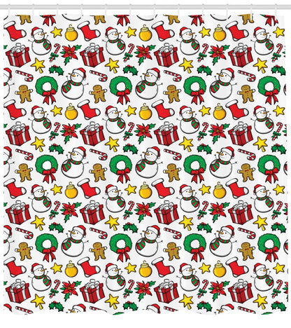 Ambesonne Christmas Shower Curtain, Classical Inspirational Wreath with Candy Cane Snowman Patterns Feast Theme, Cloth Fabric Bathroom Decor Set with Hooks, 69" W x 70" L, Red and White