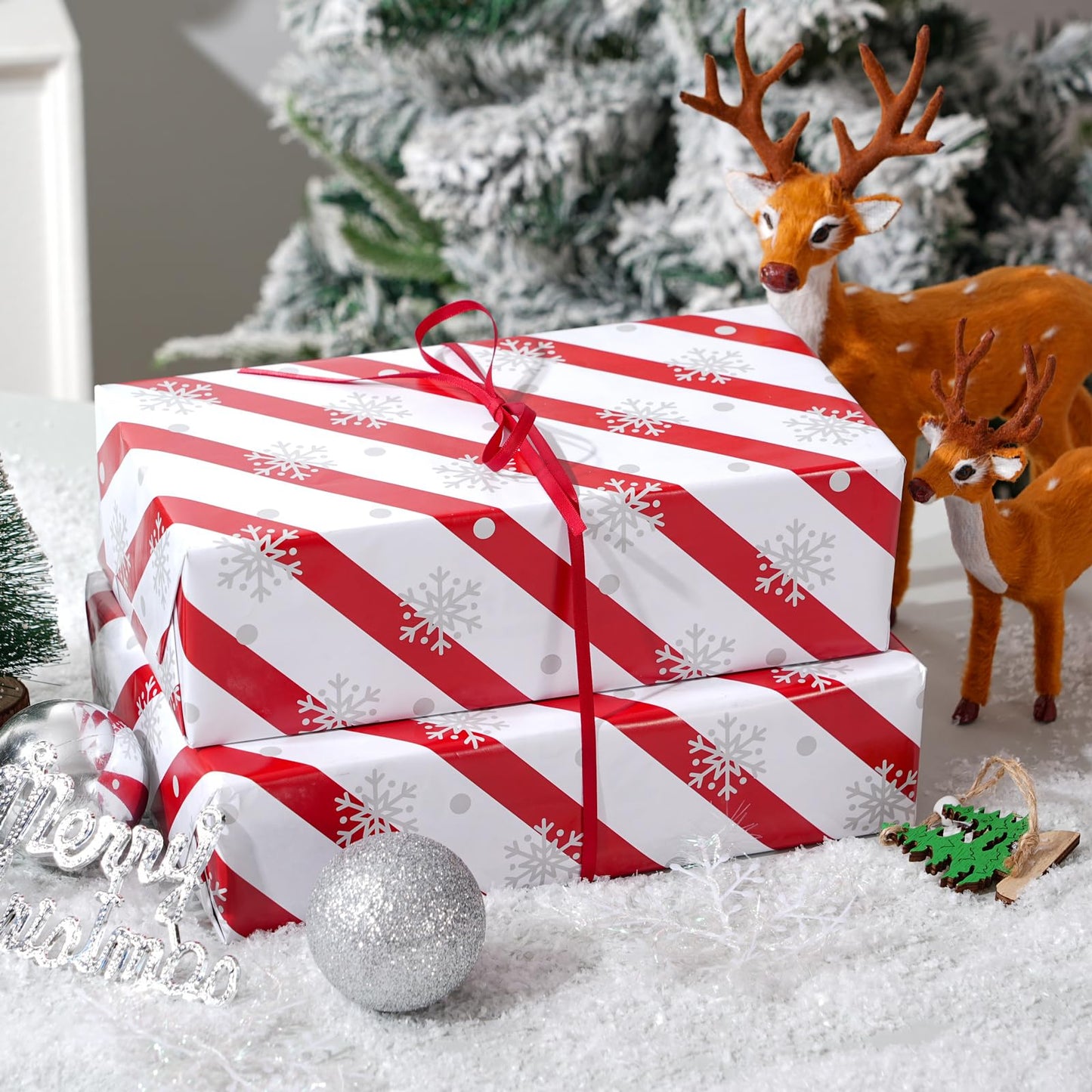 Cuitpan White Christmas Wrapping Paper Bundle for Kids Adults - Reindeer, Stripes, Woodlands, Snowflake, Red Truck Winter Scene Designs - 28 x 40 Inches, 6 Jumbo Sheets