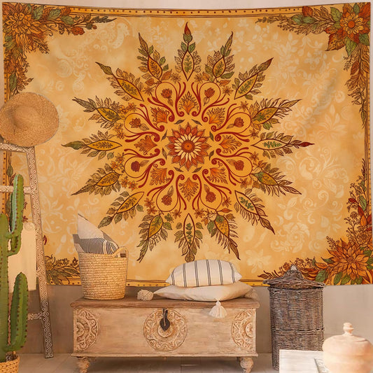 Accnicc Boho Mandala Floral Tapestry Vintage Bohemian Indian Tapestries for Bedroom Aesthetic Retro Orange Yellow Flower Tapestry Wall Hanging for Dorm Living Room Decor 60 x 44 Inch