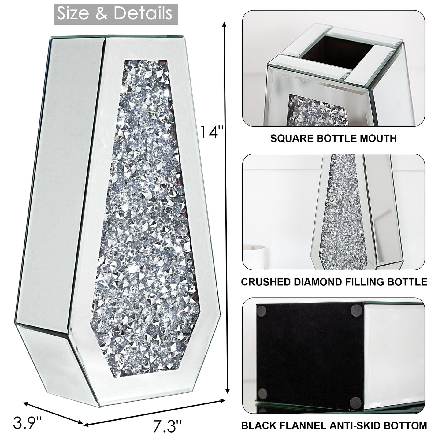 Crushed Diamond Mirrored Flower Vase Large Glass Vase Modern Crystal Decorative Mirror Vases Stunning Luxury Tall Floor Vase for Centerpieces Flowers Home Decor, Silver, 14" H. Can’t Hold Water.